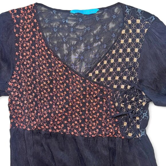 Johnny Was Vintage Boho Side Tie Blouse Orange Blue Yellow Floral Embroidery - Picture 5 of 8